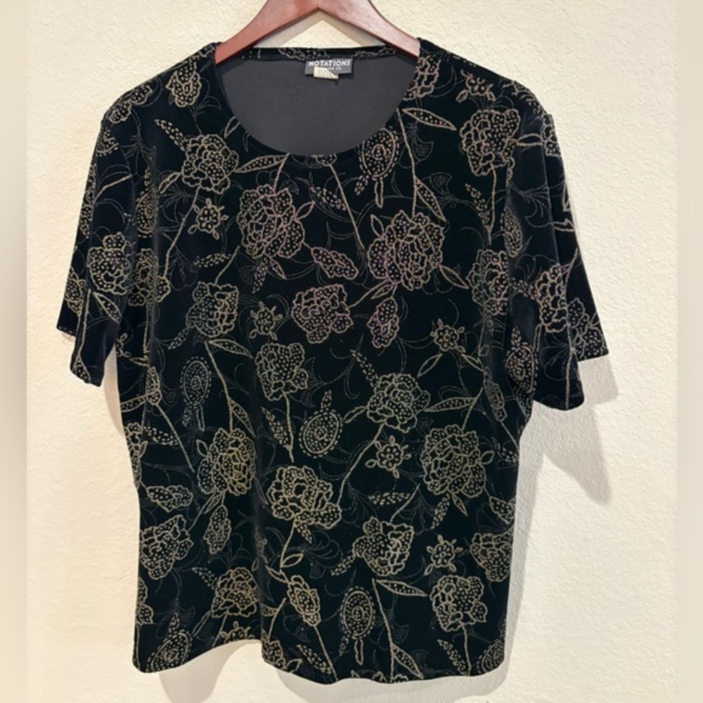 Y2K Vintage Notations XL Black Gold Velvet Blouse Metallic Floral‎ Holiday Party